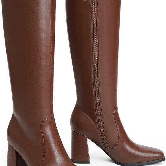 Women Knee High Boots Faux Leather Chunky Heel Square Toe Zipper Long Boots - Picture 3 of 9